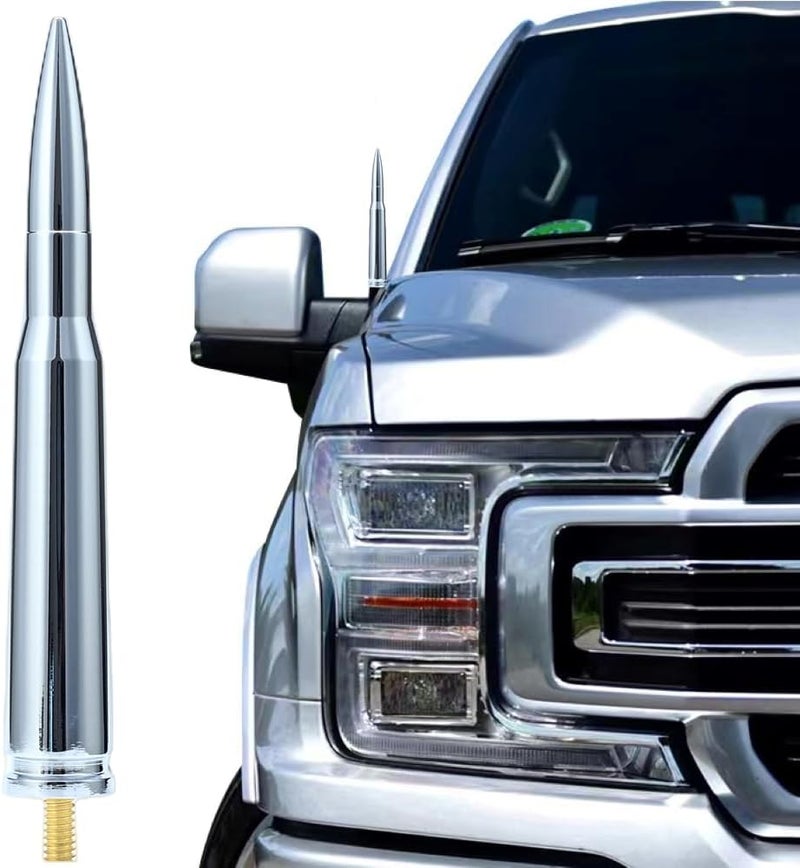 CZSWCH هوائي كروم رصاصة 50 كال مناسب لشاحنات فورد F150 F250 F350 رابتور / دودج رام 1500 2500 3500 / شيفروليه سيلفرادو و GMC سييرا - هوائي بديل قصير 1990 - الحالي (كروم) - Image 1